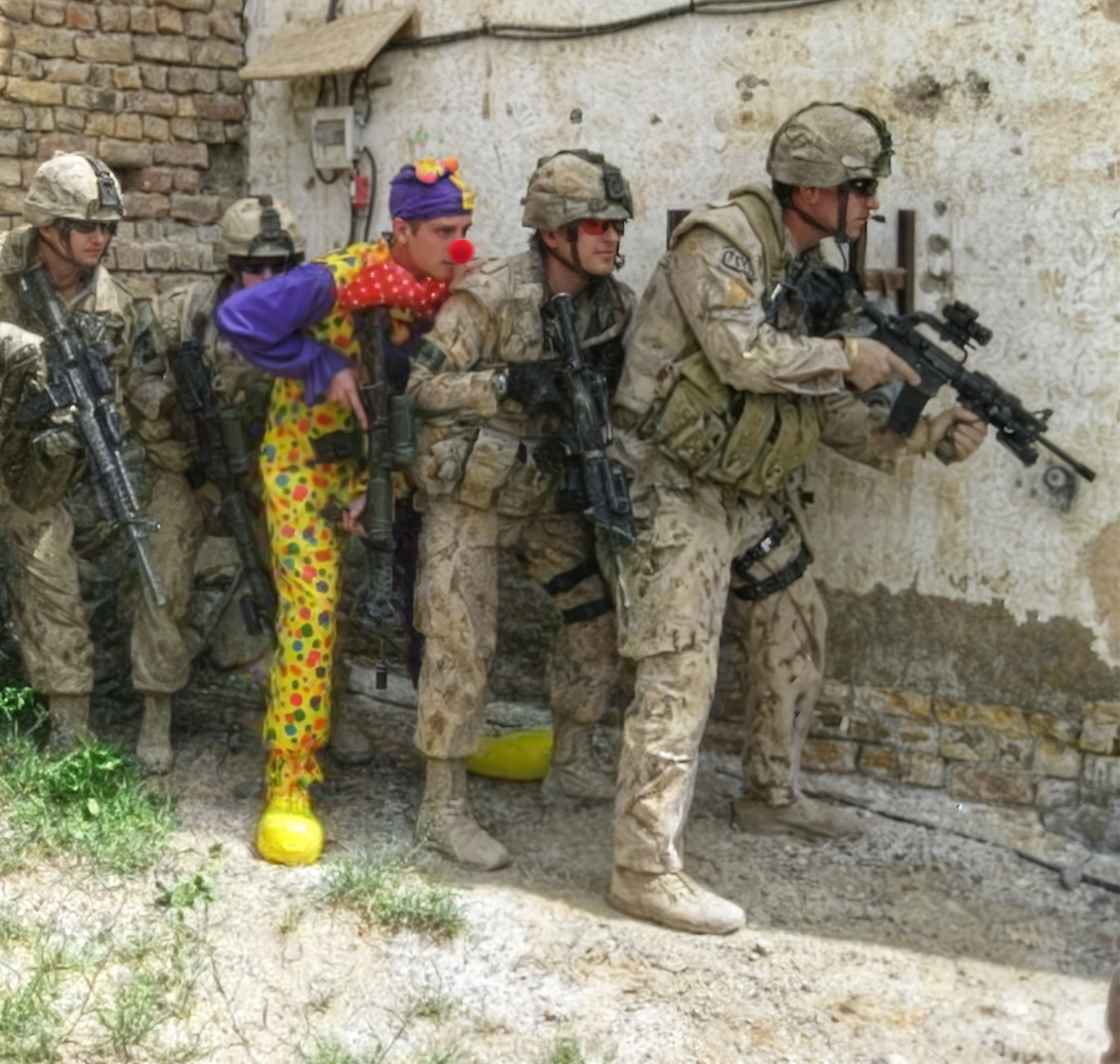 Army Soldiers With Clown Stacked Up meme template variation