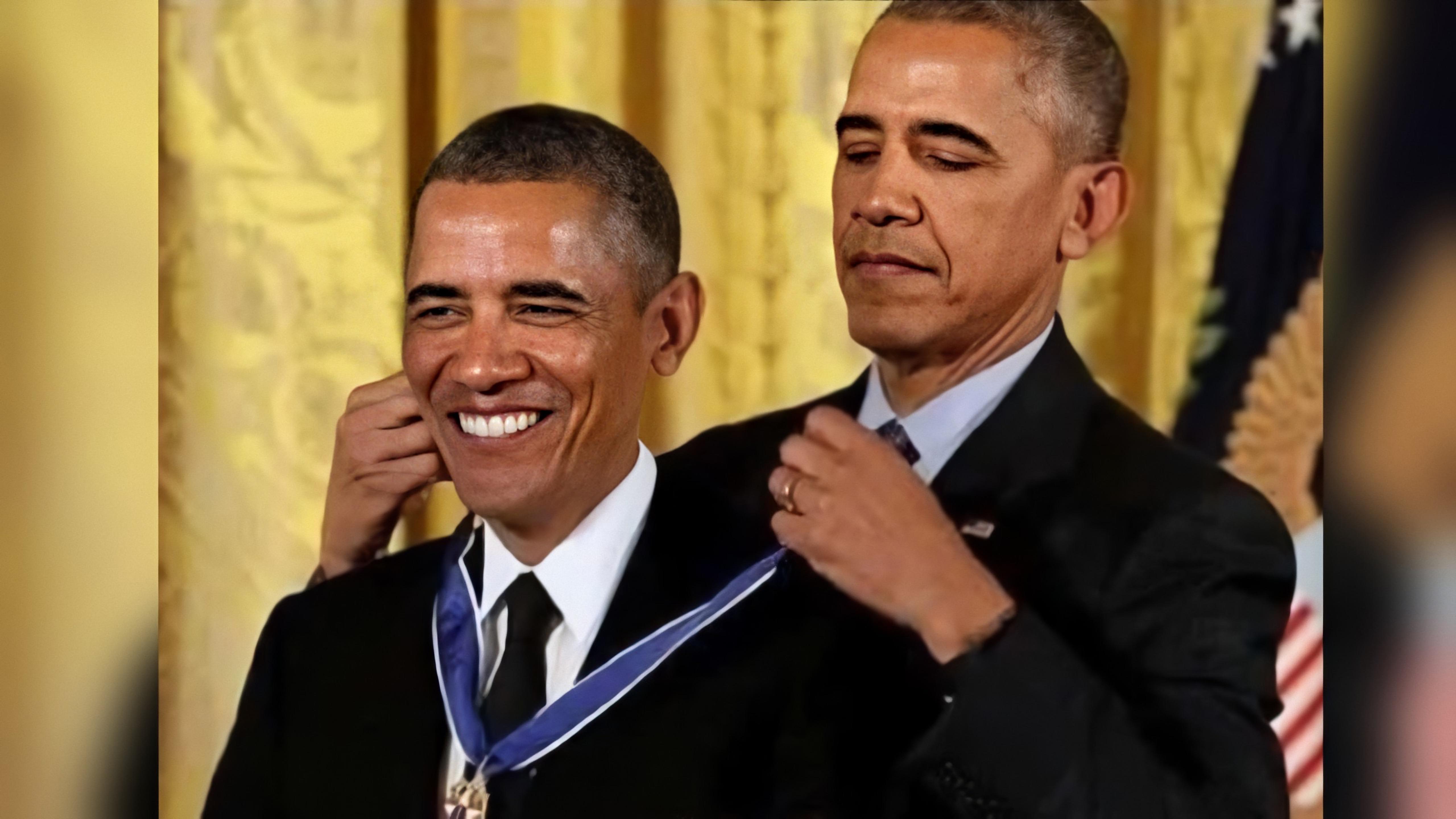 Barack Obama Awarding Himself meme template variation