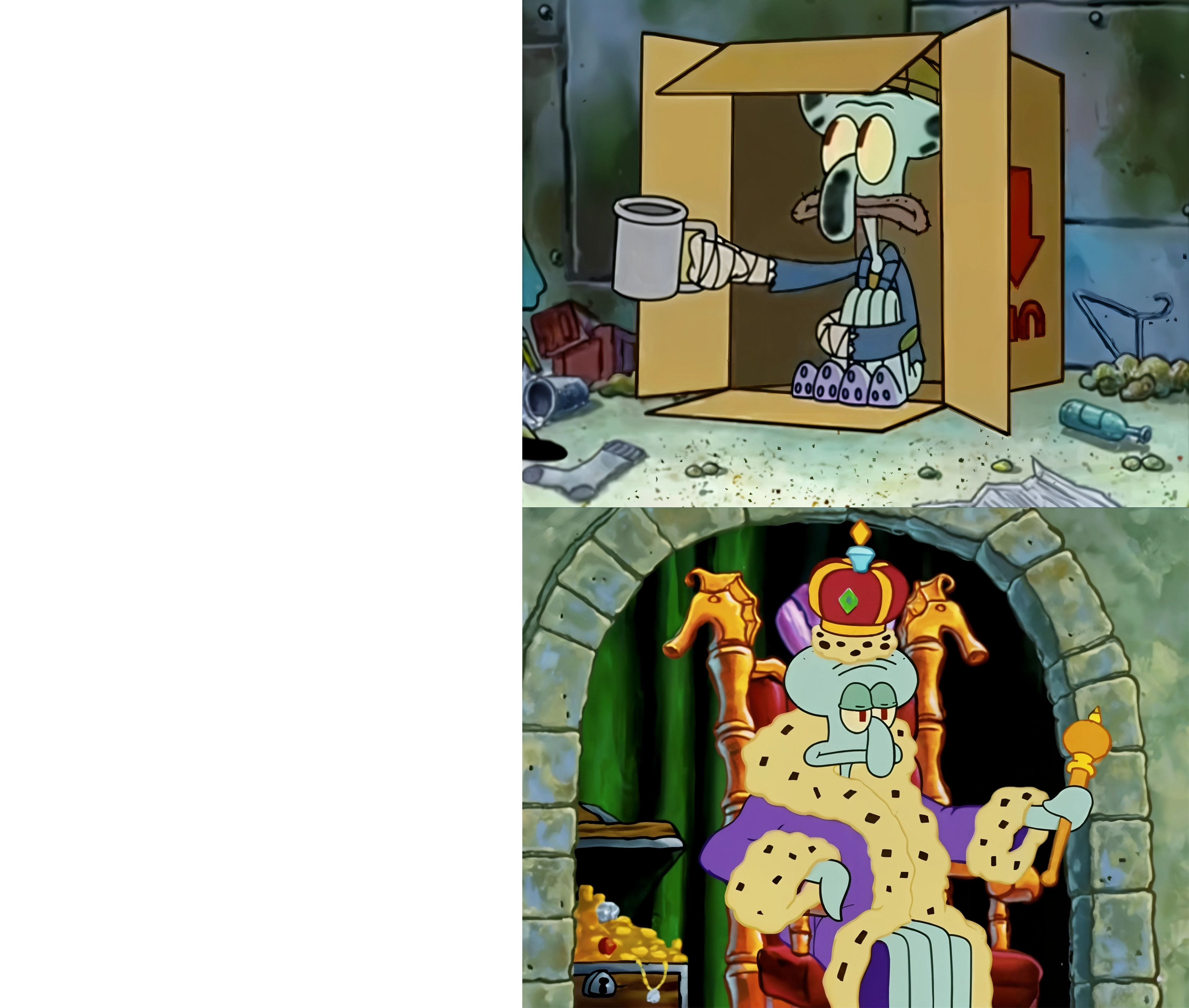 Begging Squidward vs King Squidware - SpongeBob SquarePants meme template variation