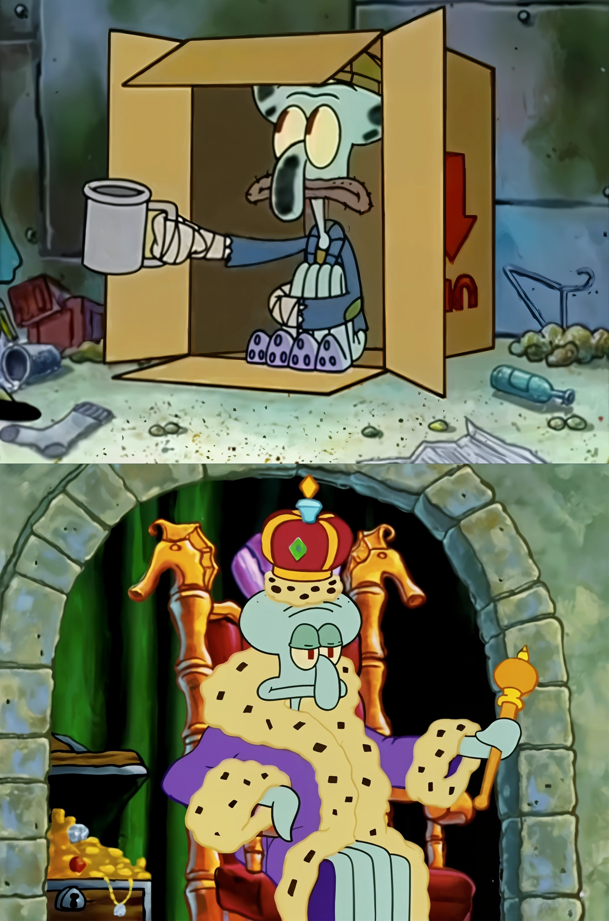 Begging Squidward vs King Squidware - SpongeBob SquarePants meme template variation