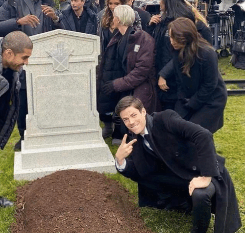 Grant Gustin Peace Sign At Oliver Queen's Grave meme template