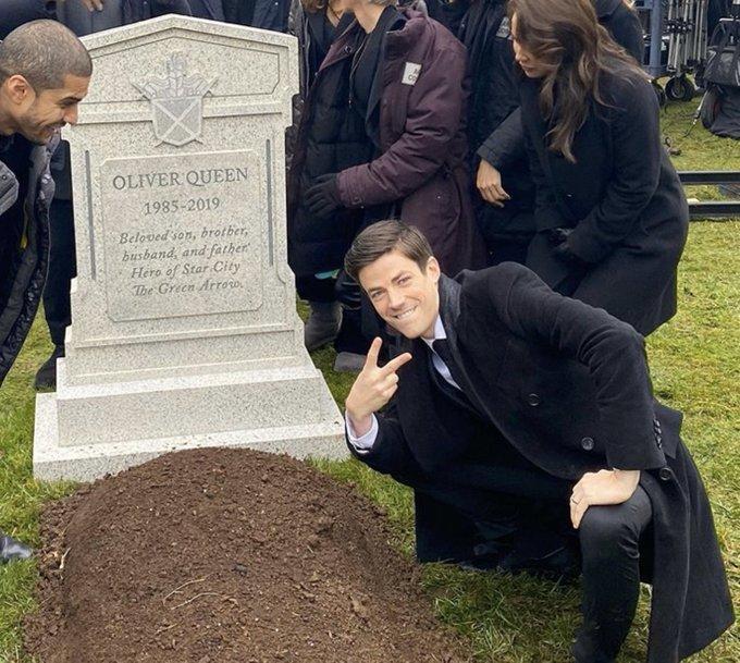 Grant Gustin Peace Sign At Oliver Queen's Grave meme template