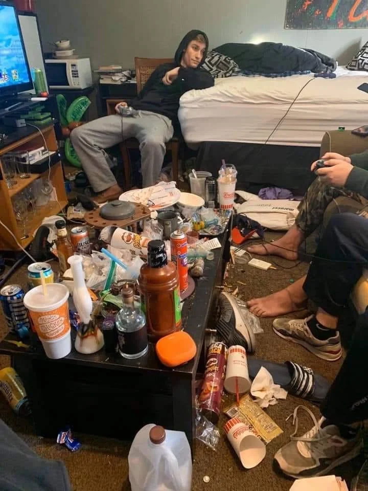 Messy College Dorm Room With Trash meme template