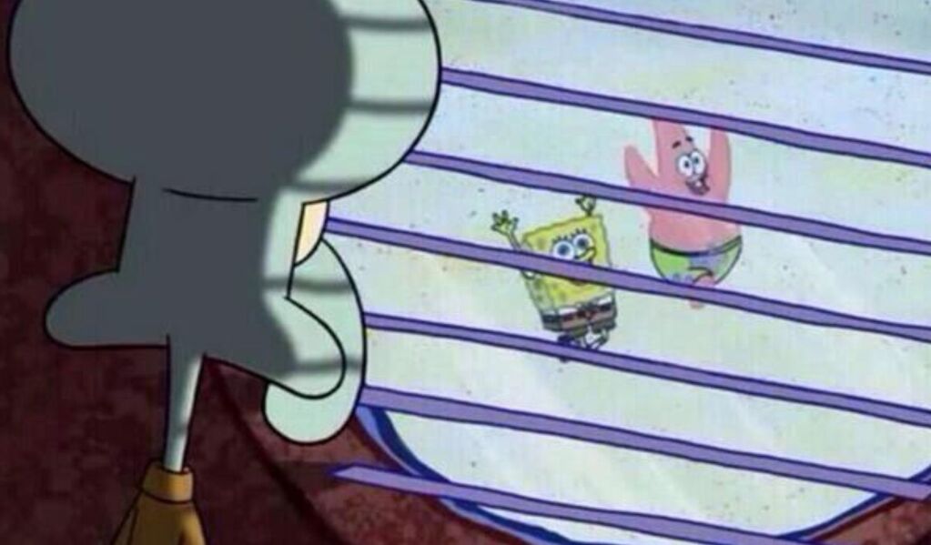 Squidward Looks Out Window at Spongebob and Patrick meme template