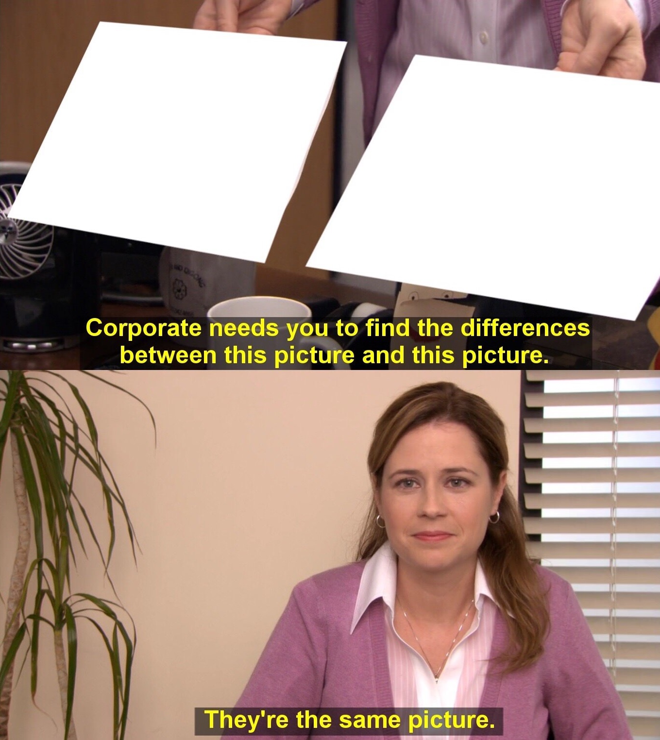 They are the same picture (Corporate wants you to find the difference) - The Office meme template variation