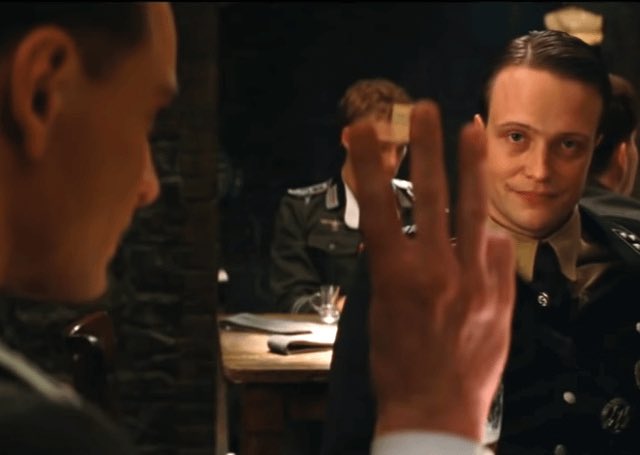 Three Finger Gesture Reveals Imposter - Inglorious Bastards meme template variation