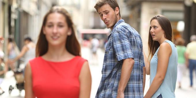 Distracted Boyfriend Jealous Girlfriend meme template