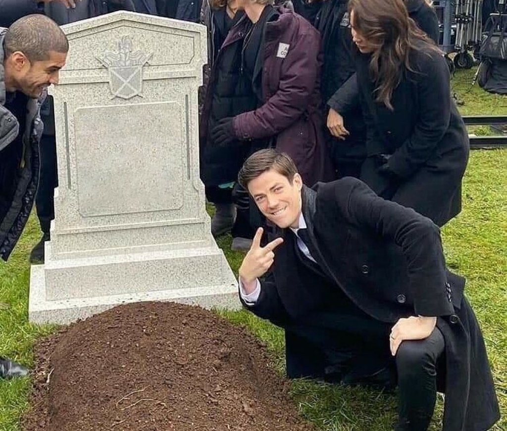 Grant Gustin Peace Sign At Oliver Queen's Grave meme template