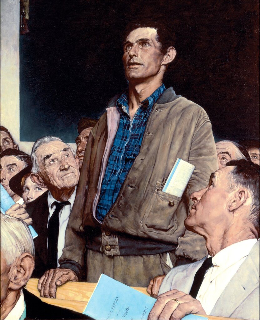 Norman Rockwell - Man taking a stand in a town hall meeting meme template