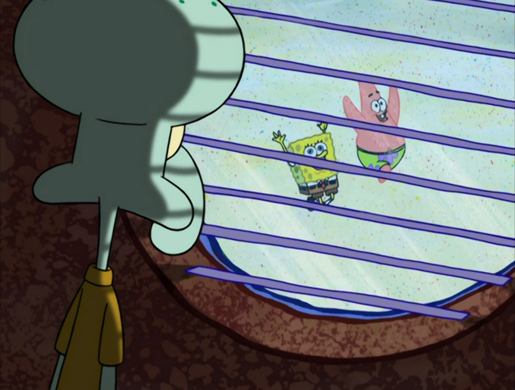 Squidward Looks Out Window at Spongebob and Patrick meme template